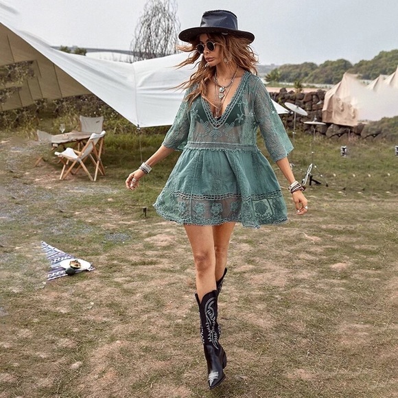 Dolly Boho Crochet Cotton Floral Inlay Lace Mini Dress Beach CoverUp - Picture 3 of 5